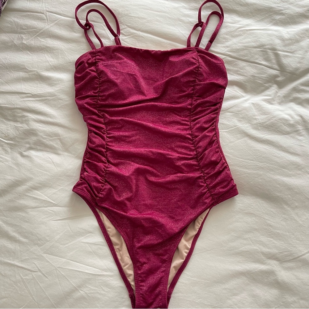 Cupshe Square Neck Ruched Burgundy One Piece Swimsuit, Size M - Picture 3 of 11